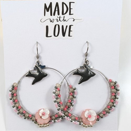 Boucles d’oreilles créoles argenté, rose et gris – bijoux oiseau et fleur -  cadeau femme