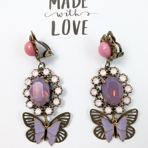 Boucles d'oreilles clips constance, papillon violet et cristal