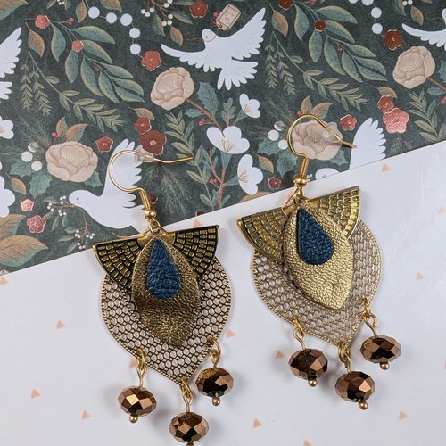 Boucles d'oreilles doré, boucles en cuir