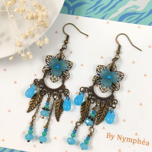 Boucles d'oreilles laiton, boucles romantiques avec fleurs et perles en verre