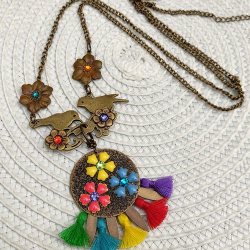 Collier multicolore piou piou, oiseau et pompons