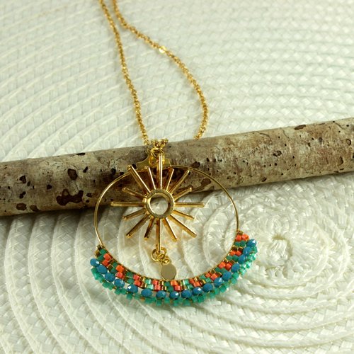 Collier suzalie, collier tissage perles en verre, breloque soleil
