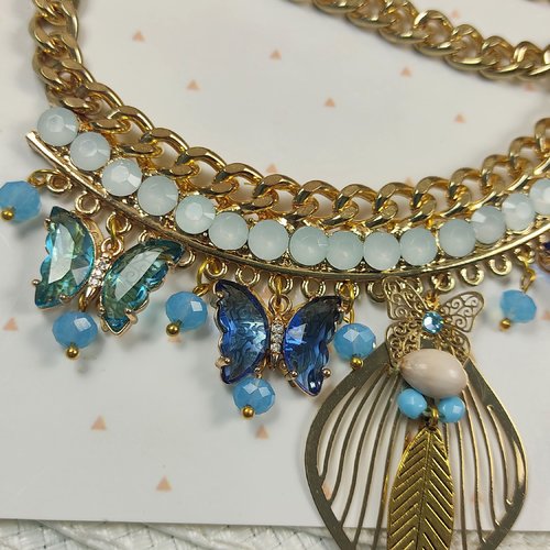 Collier métamorphose, collier plastron papillon bleu