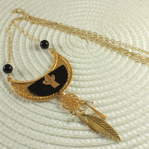 Sautoir cactus, collier bohême avec breloque attrape-rêve