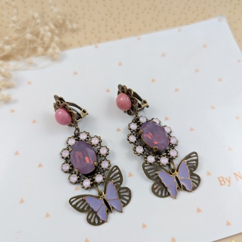 Boucles d'oreilles clips constance, papillon violet et cristal