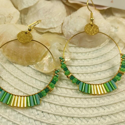 Créoles lucette, perles miyuki verte tissage main