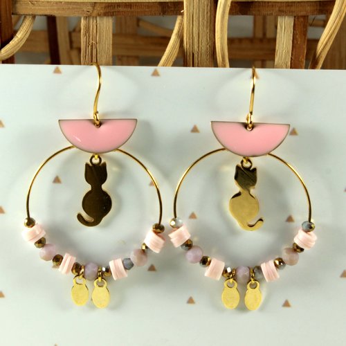 Boucles d'oreilles créoles chat acier inoxydable, perles roses