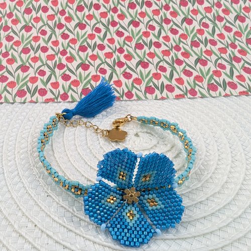 Bracelet femme fleur, fleur bleue en perles, tissage main