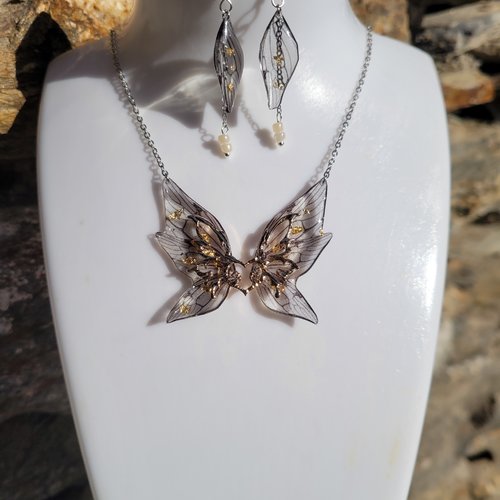 Ensemble elfique parure collier et boucles d'oreilles en argent aile fée fait main papillon