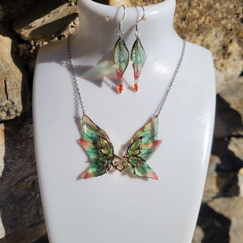 Ensemble elfique parure collier et boucles d'oreilles en argent aile fée fait main papillon
