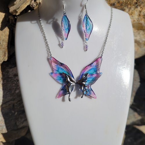 Ensemble elfique parure collier et boucles d'oreilles en argent aile fée fait main papillon