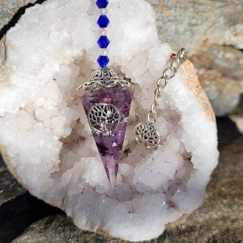 Pendule divinatoire &quot;amour et sagesse&quot; en amethyste radiesthésie arbre de vie fait main idee cadeau