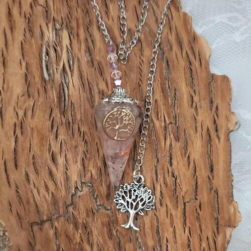 Pendule divinatoire en quartz rose radiesthésie fait main orgonite idee cadeau arbre de vie