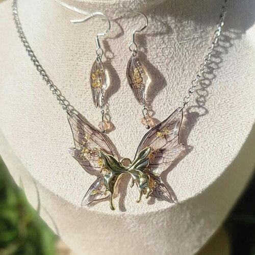 Parure ensemble collier et boucles d'oreilles en argent ensemble aile fée fait main idee cadeau pièce unique fantastique