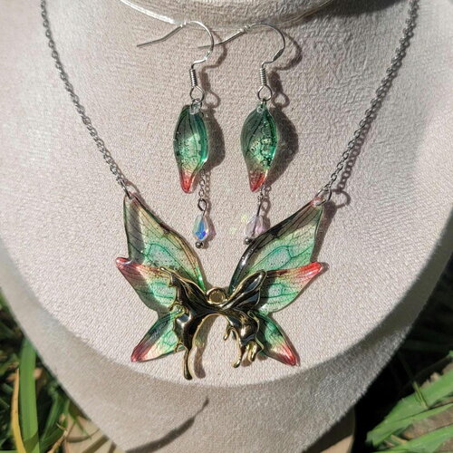 Parure ensemble collier et boucles d'oreilles en argent ensemble aile fée fait main idee cadeau pièce unique fantastique