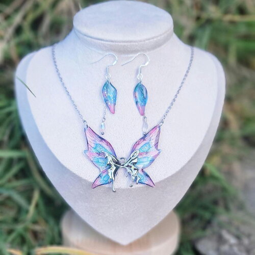 Parure ensemble collier et boucles d'oreilles en argent ensemble aile fée fait main idee cadeau pièce unique fantastique