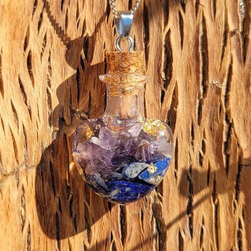 Fiole &quot;paix et détente&quot; en lapis lazuli et améthyste pendentif orgonite  feuille d or fait main idee cadeau