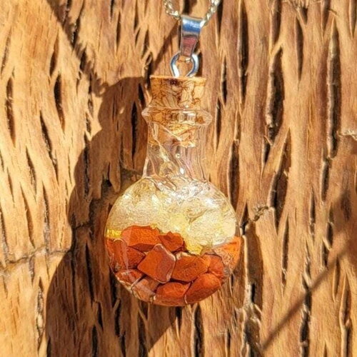 Fiole pendentif &quot;abondance et courage&quot; en jaspe rouge et citrine fait main pièce unique arbre de vie cadeau original