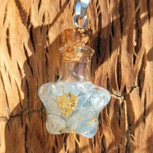 Fiole  &quot;bonheur&quot; en aigue marine fait main pendentif orgonite en argent idee cadeau