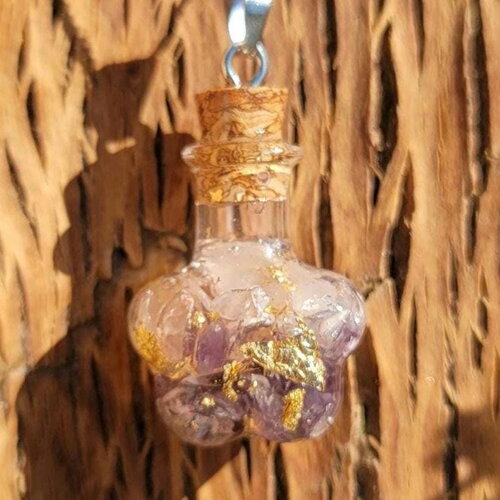 Collier &quot;amour et sagesse&quot; en amethyste et quartz rose pendentif fiole fait main idee cadeau orgonite