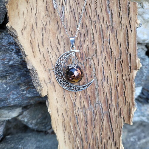 Collier pendentif &quot; protection &quot; en oeil de tigre et obsidienne œil céleste elfique fait main lune idée cadeau