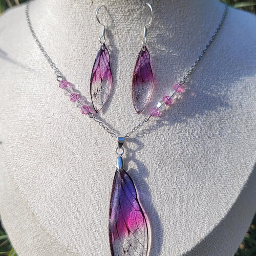 Parure ensemble collier et boucles d'oreilles en argent ensemble aile fée fait main idee cadeau pièce unique fantastique