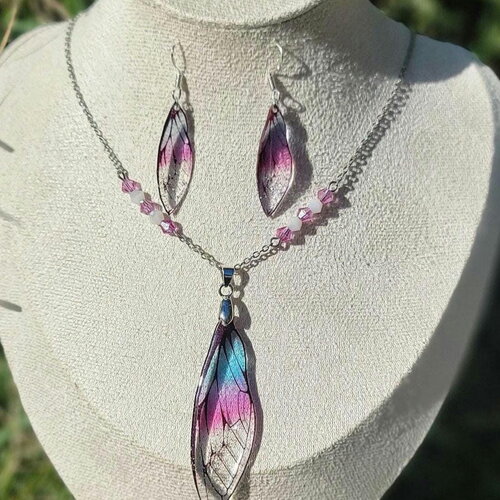 Parure ensemble collier et boucles d'oreilles en argent ensemble aile fée fait main idee cadeau pièce unique fantastique