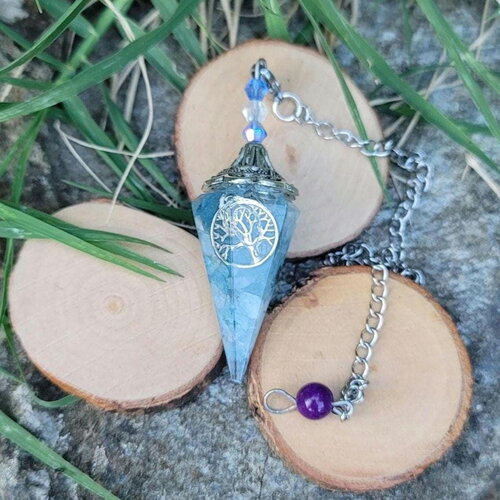 Pendule divinatoire en aigue marine arbre de vie radiesthésie fait main