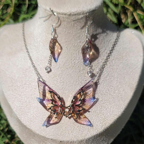 Parure ensemble collier et boucles d'oreilles en argent ensemble aile fée fait main idee cadeau pièce unique fantastique