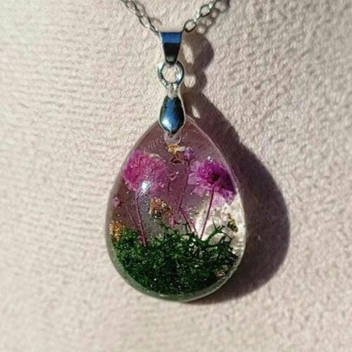 Collier avec de vraies fleurs séchées en résine fait main acier inoxydable hypoallergénique idée cadeau pour elle petite fleur sauvage d.or