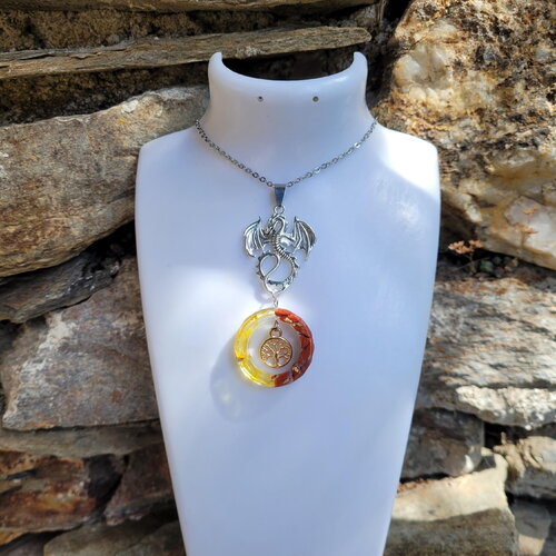 Collier &quot;abondance et courage&quot; en jaspe rouge et citrine forme anneau dragon fait main pièce unique arbre de vie cadeau original