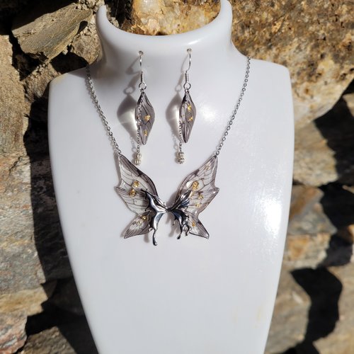 Ensemble elfique parure collier et boucles d'oreilles en argent aile fée fait main papillon