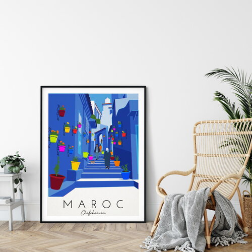 Affiche prémium chefchaouen, la ville bleue du maroc / décoration voyage / affiche ville européenne / cadeau voyageur