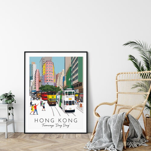 Affiche prémium hong kong tram "ding ding" / décoration voyage / affiche ville européenne / cadeau voyageur