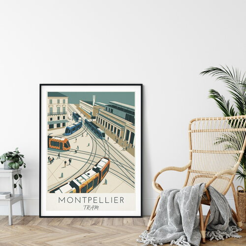 Affiche prémium montpellier tramway / décoration voyage / affiche ville européenne / cadeau voyageur