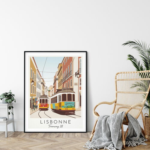 Affiche prémium lisbonne tramway 28 / décoration voyage / affiche ville européenne / cadeau voyageur