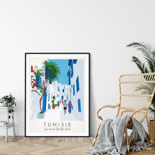 Affiche sidi bou saïd – tunisie   / décoration voyage / affiche ville européenne / cadeau voyageur
