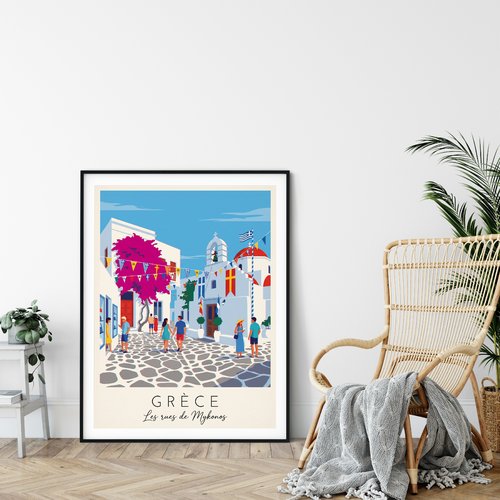 Affiche mykonos – grèce    / décoration voyage / affiche ville européenne / cadeau voyageur