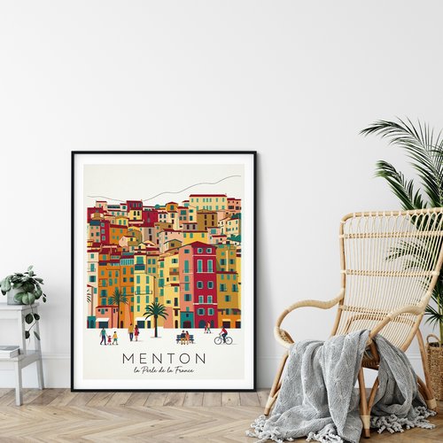 Affiche menton – côte d’azur    / décoration voyage / affiche ville européenne / cadeau voyageur