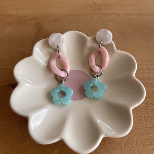 Boucles d’oreilles breloques roses et fleurs