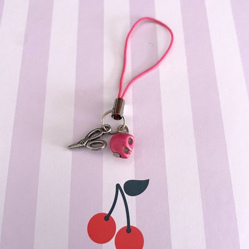 Strap bijou de téléphone portable breloque tête de mort et ciseaux