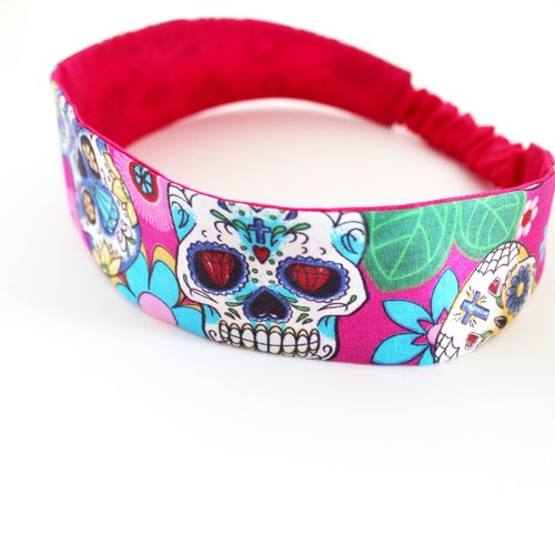 Bandeau cheveux enfant tête de mort et fleurs rose