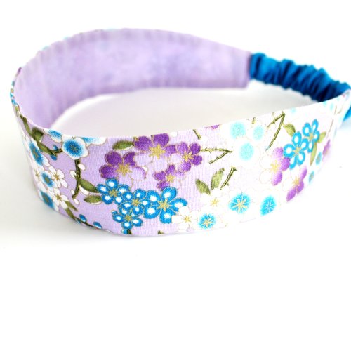Bandeau cheveux fille fleurs mauve et bleu