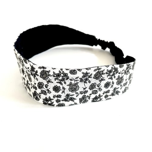 Bandeau cheveux femme fleurs noir, gris et blanc