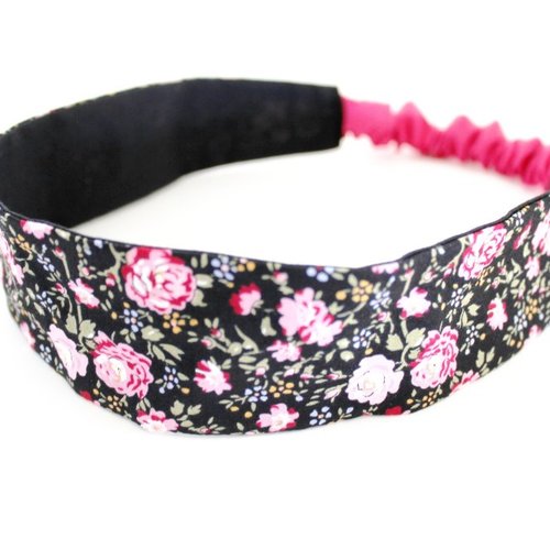 Bandeau cheveux femme fleurs rose et noir