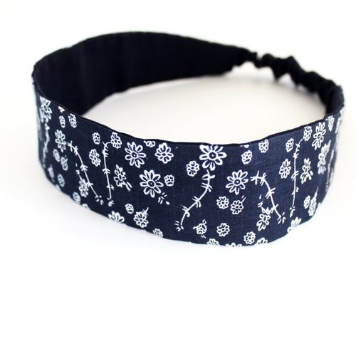 Bandeau cheveux femme fleurs bleu marine et blanc