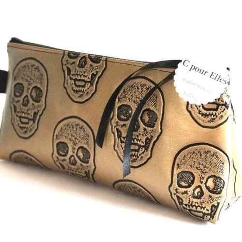 Trousse tête de mort en simili cuir dorée et noire