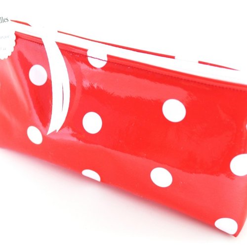 Trousse à crayons à pois en toile cirée vernie rouge et blanche