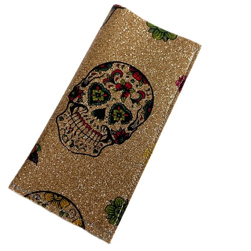 Pilulier têtes de mort simili cuir doré et paillettes