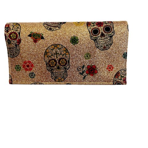 Porte chéquier têtes de mort en simili cuir doré à paillettes